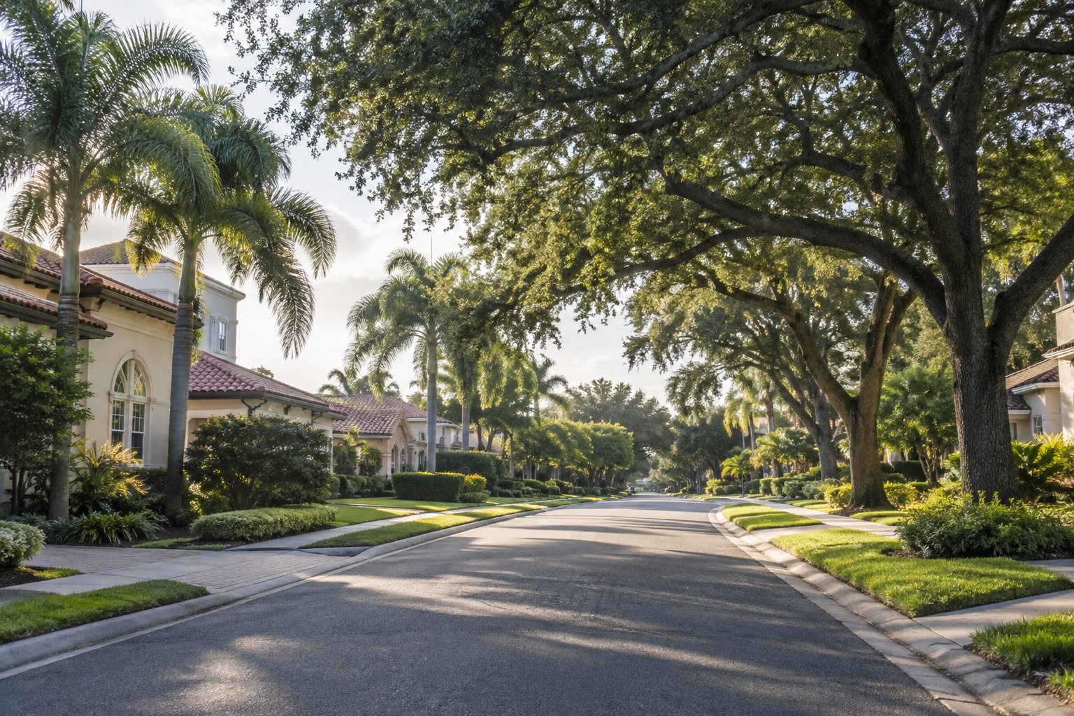 A quiet Central Florida street with coastal homes, illustrative