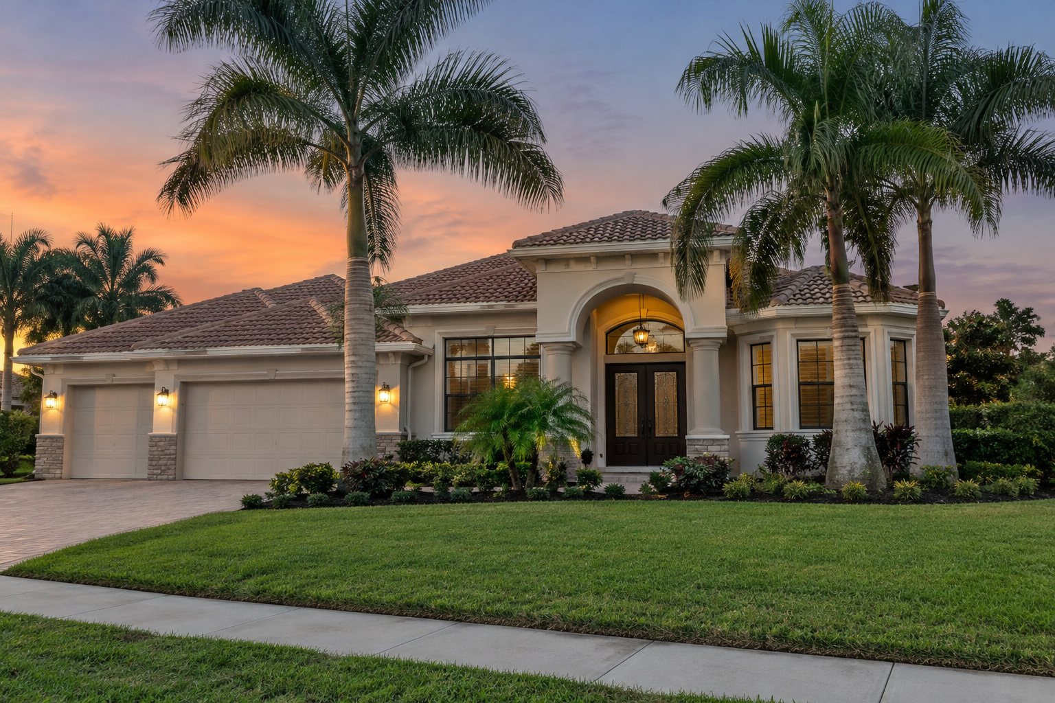 A Central Florida single family home with palms in soft evening light, illustrative