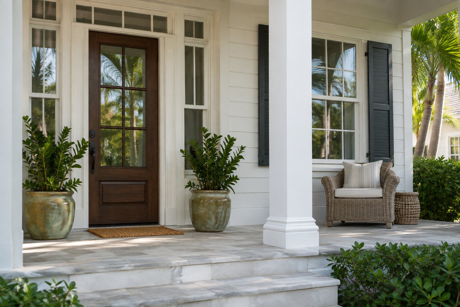 A covered front entry of a Central Florida home, illustrative